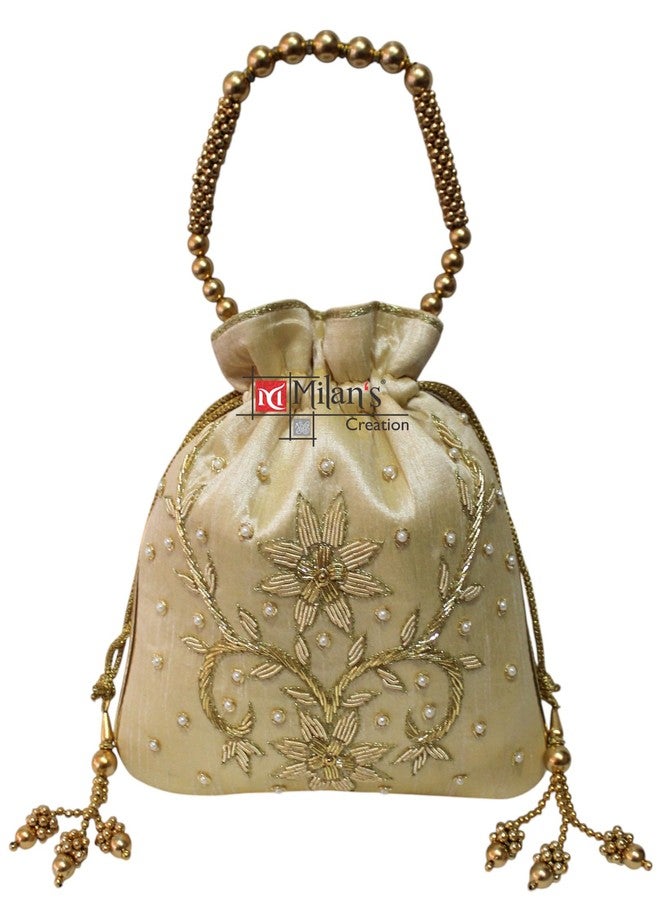 MILAN'S CREATION Golden Zardozi Work potli bags for Women Hand Embroidery Drawstring Potli Women's Handbag Purse With Pearl Handle & Tassel Purse (Gold) - Image 1
